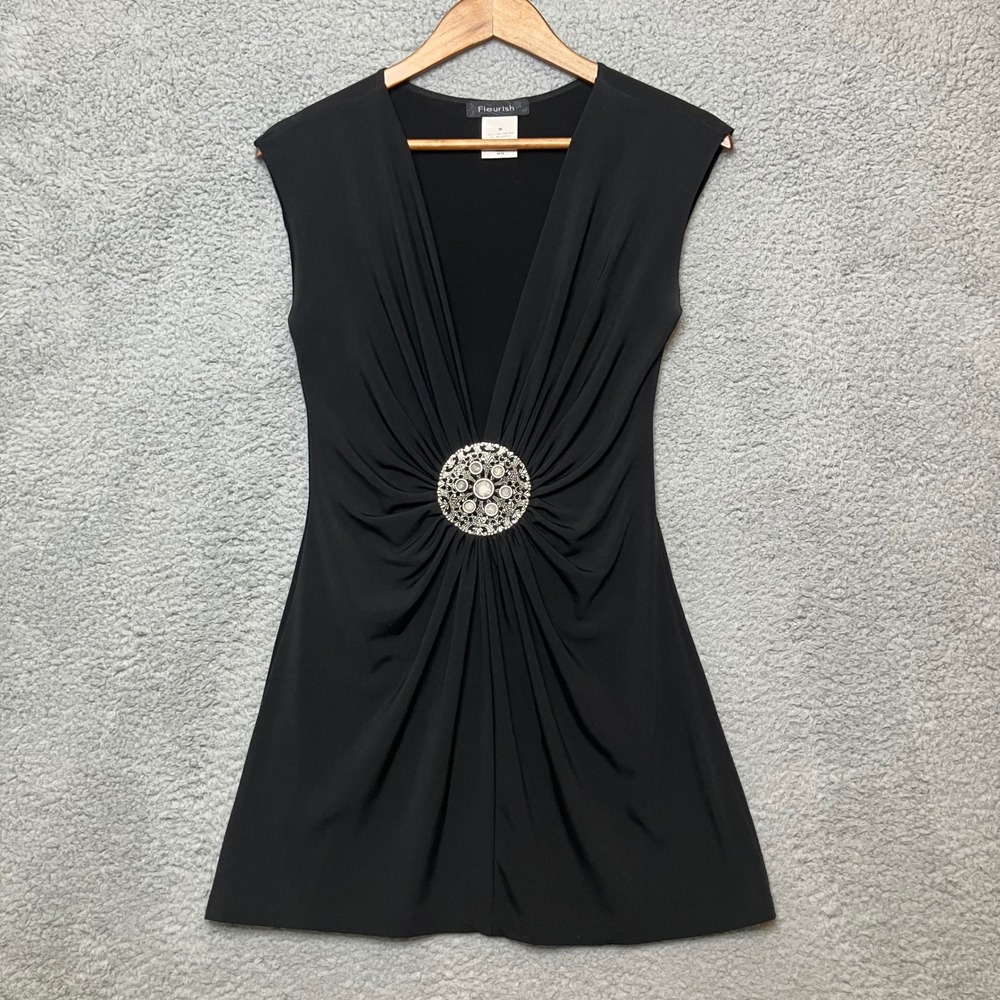 Y2K VTG Fleurish Top Women M Black V-Neck Medallion Sleeveless Whimsigoth USA